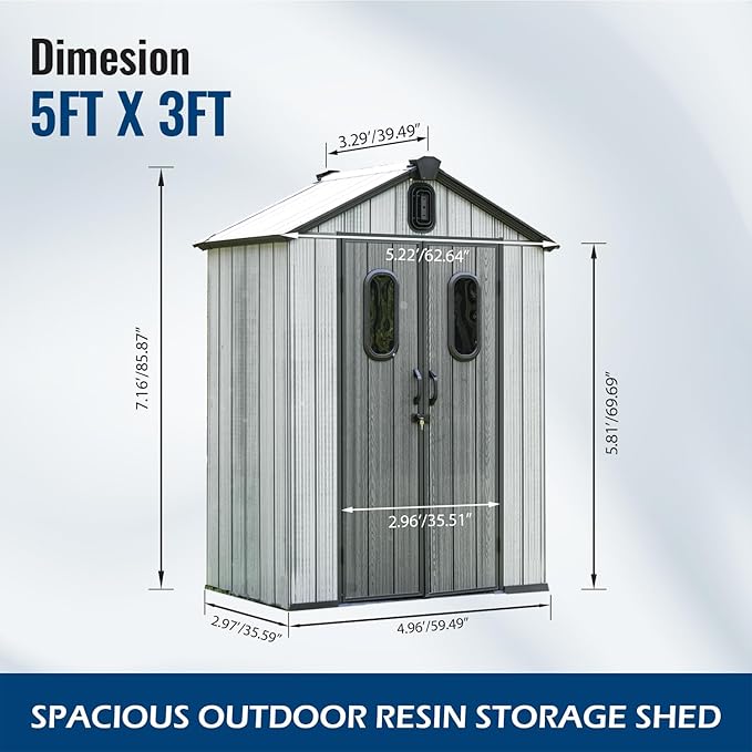Domi 5×3ft Outdoor Resin Storage Shed - 95+ Cubic Ft Weatherproof Double-Wall Yard Shed with Skylight, Lockable Door and Carpet, Heavy-Duty Steel Frame Storage Building for Lawn Mower, Bike, Tools