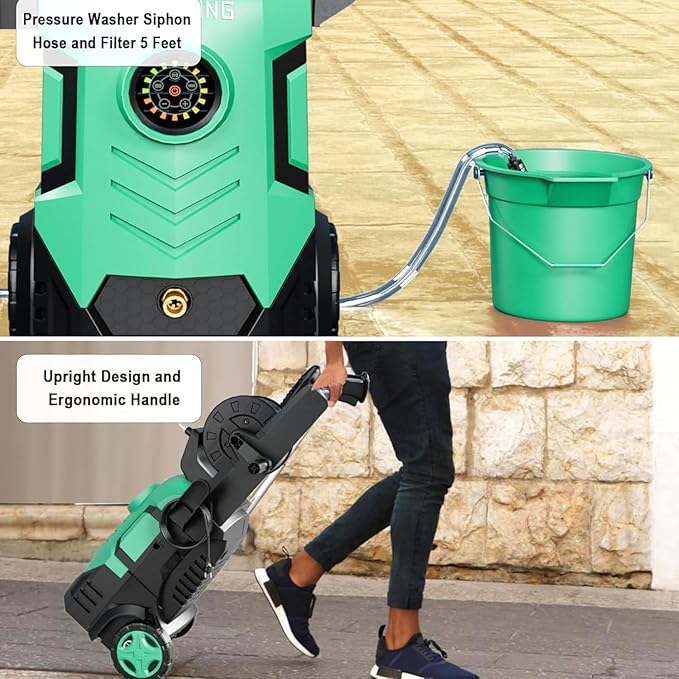 2025Upgraded Pressure Washer 5000PSI with Adjustable Touch Screen 8 Level, 34" Tall, 4 Quick Connect Nozzles,Inlet Hose&Filter&500mlFoam Cannon for Cars/Fences/Driveways/Home Cleaning,Green