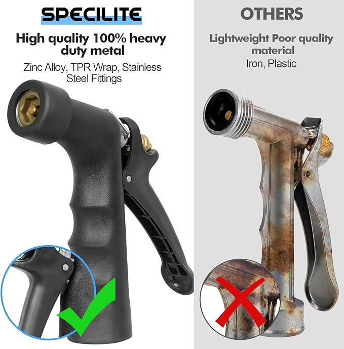 SPECILITE 5/8" Hot/Cold Garden Hose 75 ft with Industrial High Pressure Nozzle, Flexible & Lightweight, 600psi Burst Rubber Water hose -50℉-158℉ With 3/4"Stainless Steel Fittings for Yard, Black