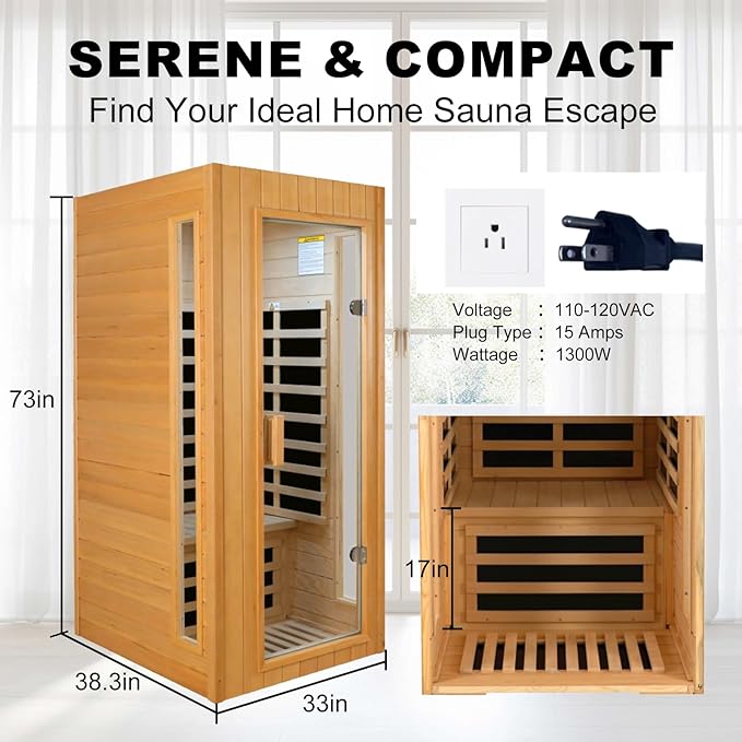 1-Person Infrared Sauna,1300W Indoor Sauna for Home, Side Glass Window, Canadian Hemlock Wood Personal Sauna with 5 Heating Panels, LED Reading Lamp, Blue-Tooth