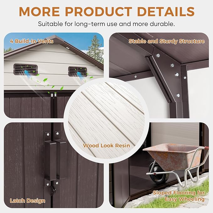 CDCASA 8x8 FT Resin Storage Shed, Waterproof Outside Plastic Storage Sheds with Floor, Adjustable Openable Windows, Lockable Door for Garden Patio Lawn, Brown & Beige