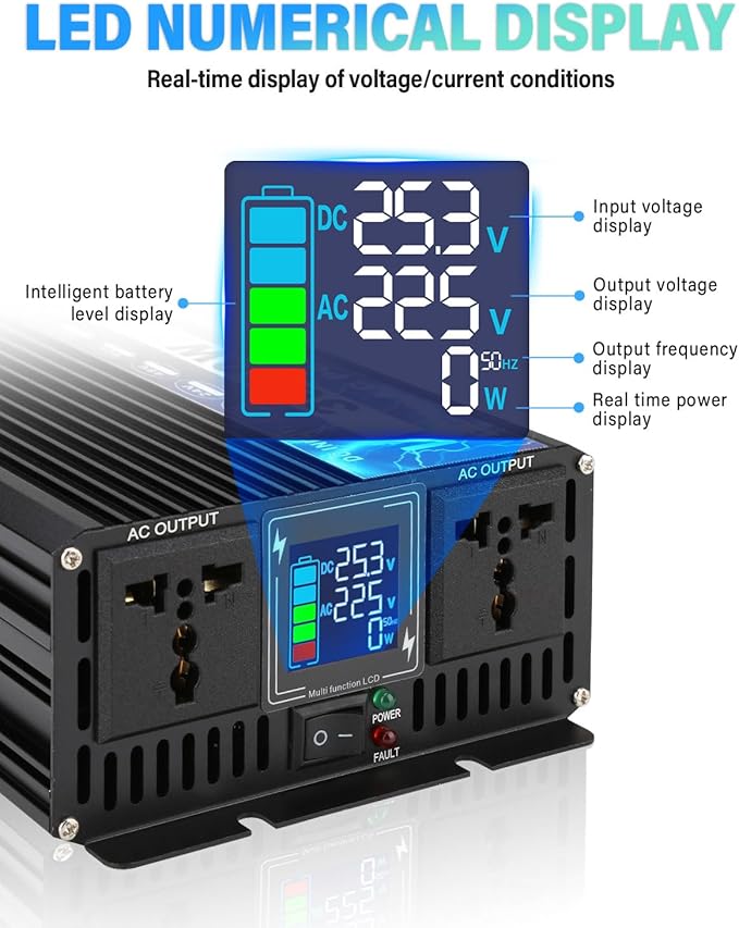 NIHAO 3000W Power Inverters DC 12V to 110V AC Converter with LCD Display, 2 International Socket and Battery Clips for Home, RV, Outdoor, Camping, Boat