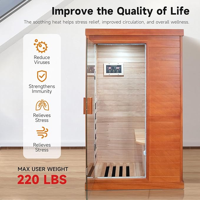 Sauna, Far Infrared Saunas for Home One Person Sauna Okoume Wood 800W/110V Low Emf Dry Sauna Indoor Sauna Room with Tempered Glass Door/Speakers/Air Hole and LED Lighting - 35.2 * 27.6 * 61.6 in