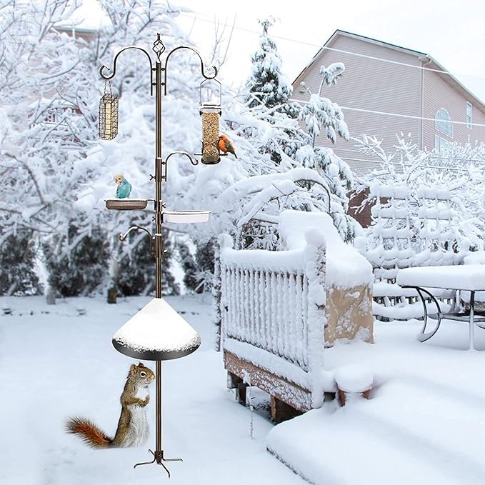 Bird Feeding Station Kit with Squirrel Baffle and Suet Cage Wild Bird Feeder Kit with Mesh Tray, Fruit Hook, and Double W Hook for Attracting Wild Birds