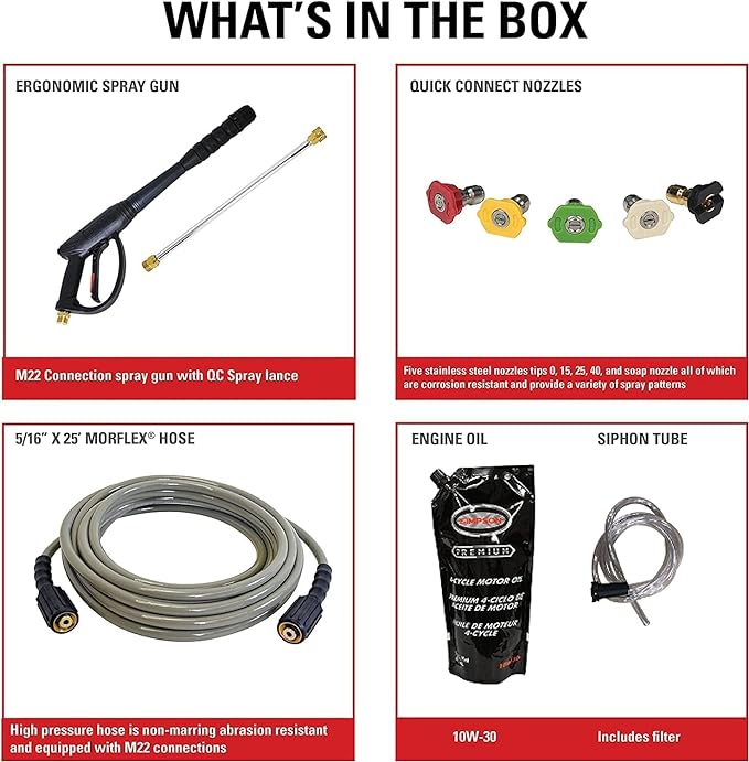 SIMPSON Cleaning PS3228 PowerShot 3300 PSI Gas Pressure Washer, 2.5 GPM, Honda GX200 Engine, Includes Spray Gun and Extension Wand, 5 QC Nozzle Tips, 5/16-inch x 25-foot MorFlex Hose, 49-State