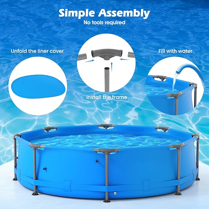 GYMAX 10ft x 30in Metal Frame Above Ground Swimming Pool, Outdoor Backyard Famliy Pool Set with Puncture-Resistant Fabric, Drainage Valve Connector for Kids & Adults (10' x 30", Round, Blue)