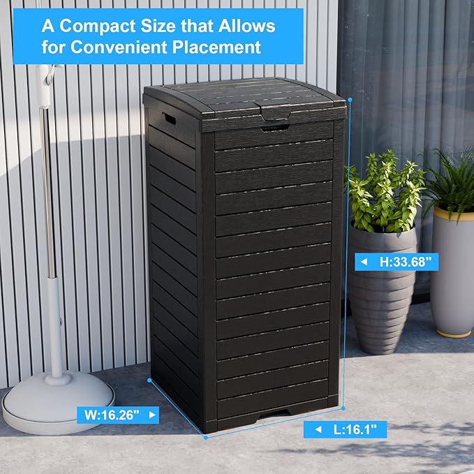 Outdoor Trash Can with Lid, Outdoor Trash Bin & Pull-Out Liquid Drawer, Dual Lid Closure Design, Waterproof Resin Garbage Can Container for Patio, Backyard, Deck (Black, 31 Gallon)