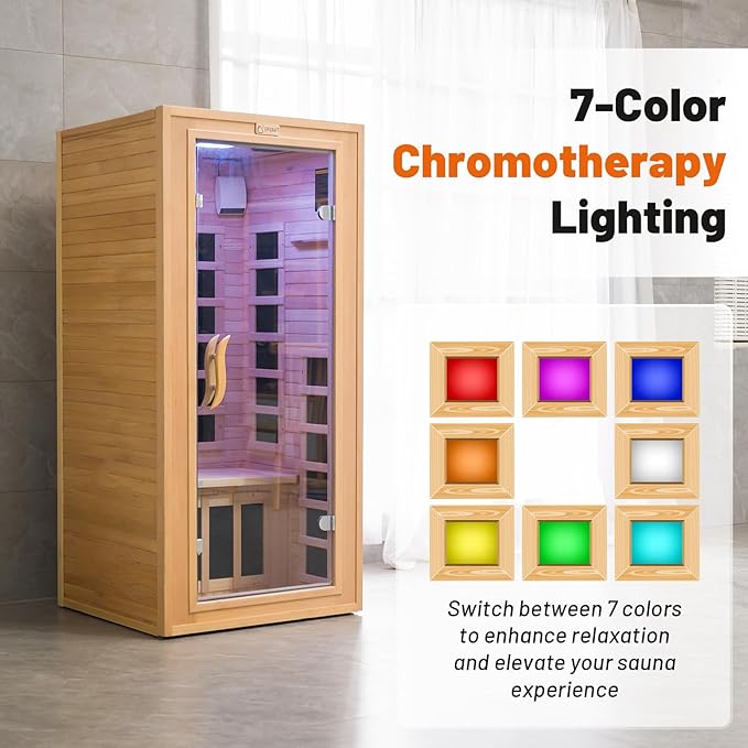 Infrared Sauna Indoor, 1 Person Hemlock Wooden Home Sauna, Dry Sauna for Home Spa Room 1350W, Time Temp Pre-Set Sauna Room, w/7 Heating Panels Mini Personal Far Infrared Saunas for Home