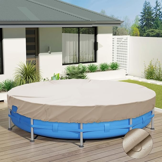 ECOOPTS 9 ft Waterproof Round Polyester Pool Cover for Above Ground Pools, Swimming Pool Cover Protector Winter Safety Cover (Beige)