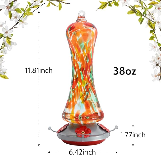 Glass Hummingbird Feeder for Outdoors: Orange Window Hanging Hummingbirds Presents for Women - Ant Moat Included, Metal Base with 4 Feeding Ports & Perch, Leak Proof, 20 fl.oz, Best Garden Decor