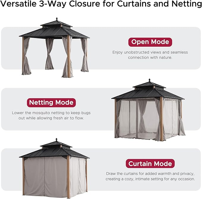 SUNJOY Kingston 10' x 10' Hardtop Gazebo with Galvanized Steel Double Roof, Curtain and Netting, Woodgrain Finish Aluminum Posts Permanent Pavilion Gazebo for Garden, Patio, Deck, Lawn