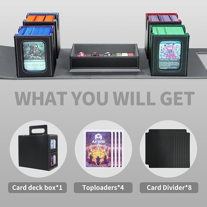 AFIING Commander Deck Box for MTG, Holds 400+ Double-Sleeved Cards, 4 Removable Deck Cases with Display Window, Dice Tray/Handle,Trading Card Storage Organizer/Dividers for TCG (Multicolore)