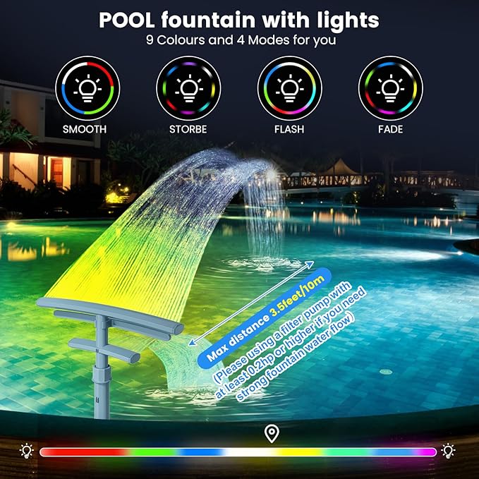 Pool Fountain for Above and Inground Pools,Upgraded Dual Spray Pool Aerator with 9-Color LED Lights and 4 Modes, 360° Adjustable Pool Sprinkler Fountain Pool Cooler Pool Accessories Pool Decor