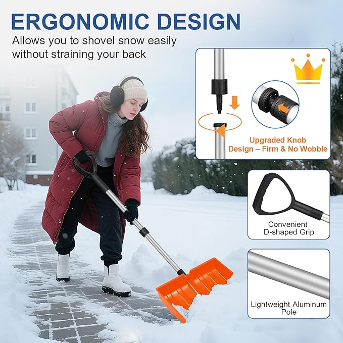 Ergonomic Large Snow Shovel for Driveway: 48-Inch Dual-Lock Knob Anti-Wobble Handle, 16" Plastic Blade w/Metal Edge, Ultra-Light 1.9 lb, Portable Aluminum Shaft, Car, Camping & Emergency, Orange
