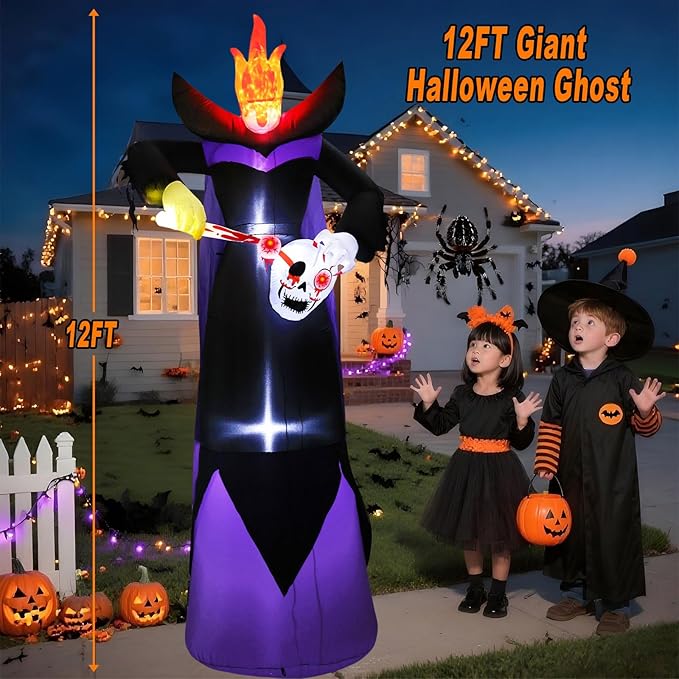 12FT Scary Halloween Inflatables Headless Killer Outdoor Decorations Grim Reaper Holding Skull Dig Out Eyeballs with Flame Light Giant Ghost Blow Up Yard Decoration for Party Garden Lawn Decor