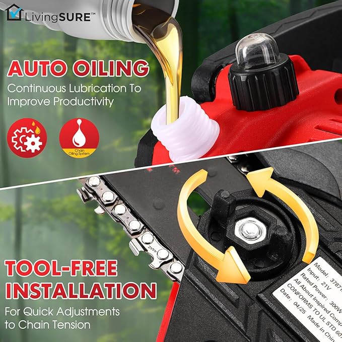 LivingSURE Mini Cordless Rechargeable Chainsaw Kit – 21V Handheld Electric Saw with 2 Batteries, Safety Features & Accessories – Lightweight 6" Bar for Tree Trimming, Firewood & Garden DIY Tasks