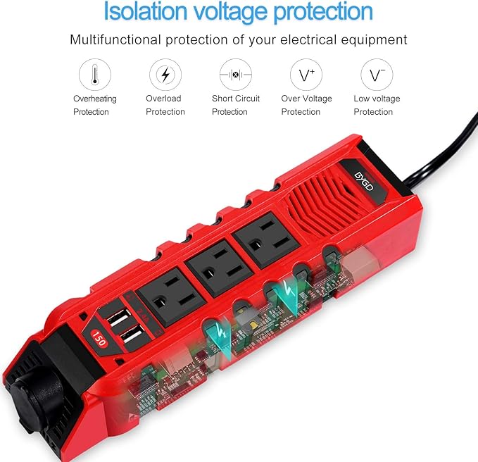 150W Car Power Inverter DC 12V to 110V AC Converter with 3 AC Outlets 2 Quick Charger 4.8A Dual USB Ports Cigarette Lighter Socket Charger Adapter