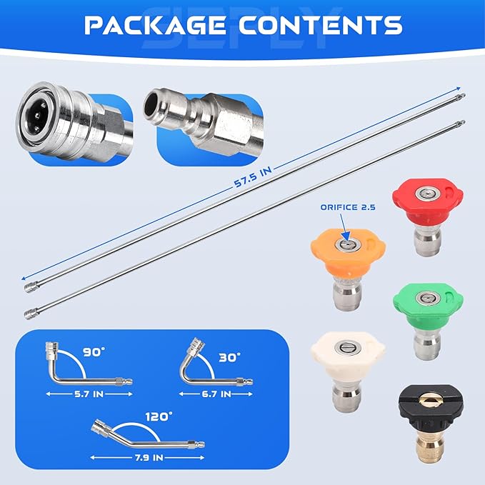 Pressure Washer Extension Wand, 120" Stainless Steel Lance with 30°/90°/120° Curved Rods, 5 Nozzle Tips, 1/4" Quick Connect, 4000 PSI for Gutter, Roof, and Siding Cleaning