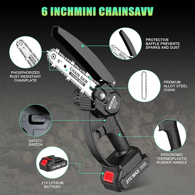 Mini Chainsaw Cordless, 6 Inch Chain Saw Cordless, 700W Powerful Electric Handheld Chainsaw, with 2 Batteries and 2 Chains, Tree Trimmer Gardening Tools Gift for Men, Father, Dad
