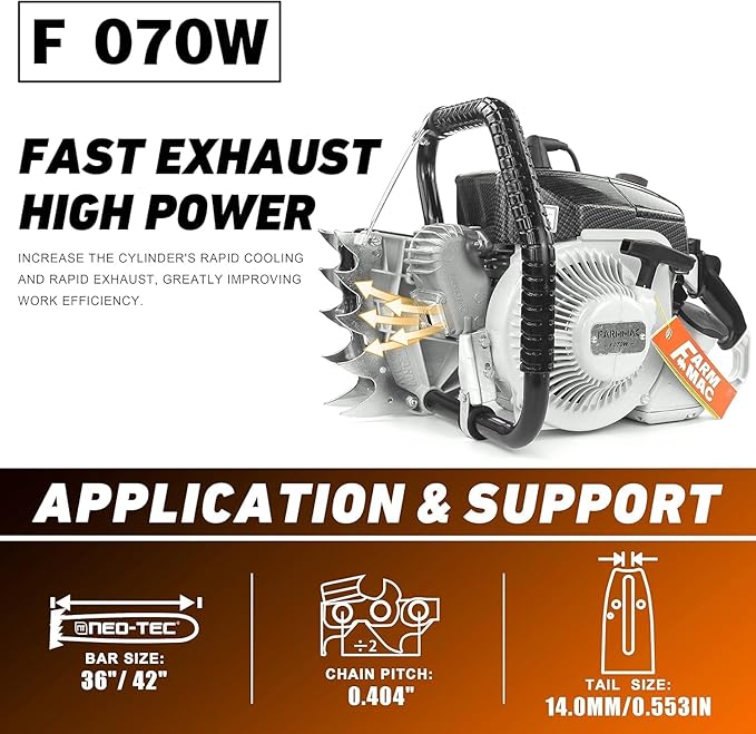 FARMMAC F070W Gas Chainsaw with 42 Inch Alloy Solid Bar, 105cc 2-Cycle Gasoline Power Chain Saws, 4.8KW 6.5HP Power Chain Saw, All Parts Compatible with MS070 090 (F070W WITH 42 INCH BAR/CHAIN)