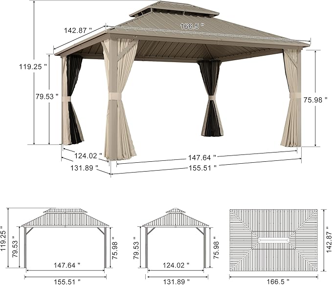PURPLE LEAF 12' x 14' Outdoor Hardtop Gazebo, Champagne Aluminum Gazebo with Galvanized Steel Double Roof, Curtains and Netting for Patio Lawn and Garden