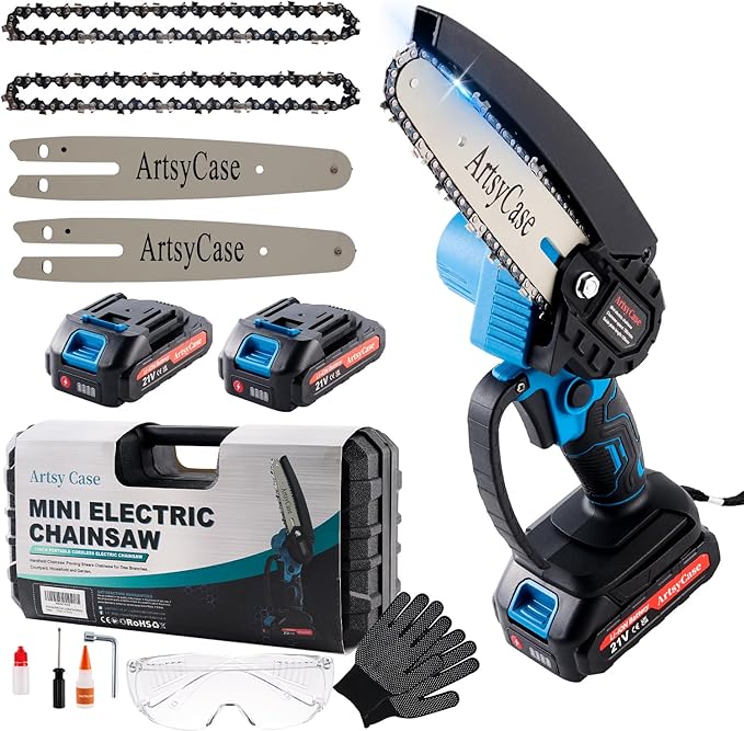 ArtsyCase Mini Chainsaw 6-inch Cordless, Portable chainsaws, Small Handheld Chain Saw for Tree Trimmer, Wood and Bamboo Cutting, Chain saws Gifts for Husband, Dad(2 Batteries+ 2 Chains+ 2 Bars)