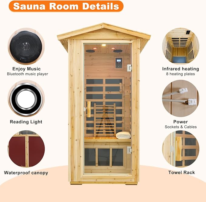 Luxury Outdoor Sauna, 1 Person Old Fir Wood Low EMF Far Infrared Sauna 1560W, Home Sauna with LCD Control Panel, Chromotherapy Light, Reading Light, Bluetooth Speaker
