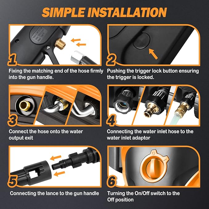 DNA MOTORING TOOLS-00230 Up to 2176 PSI Pressure 2.4 GPM Max Flow Electric Pressure Washer for Yard and Car Cleaning with Spray Nozzle Foam Bottle + 4 Turbo Nozzles IPX5 Driveway Patio Deck(Orange)