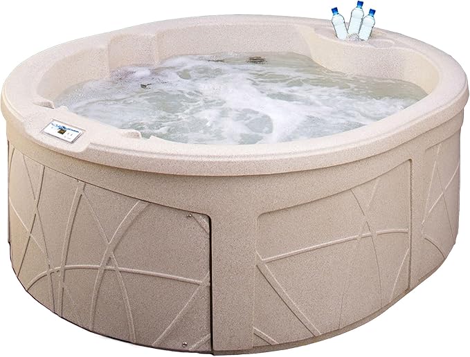 LifeSmart 4-Person Hot Tub, Outdoor Spa with Cover and LED Lights, Circular, Beige - Above-Ground Spa Machine with Accessories for Home and Personal Relaxation