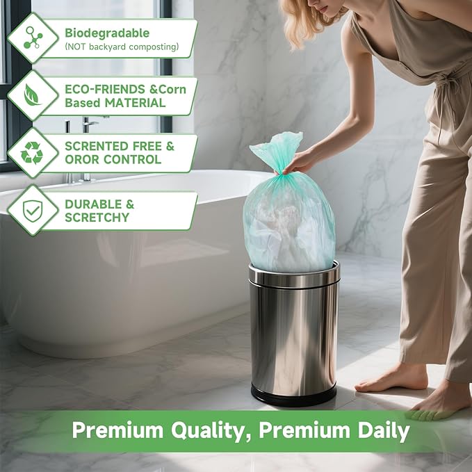 1.2 Gallon Small Biodegradable Trash Bags - Green Mini Garbage Bags (Fit 1-1.3 Gallon) 5 Liter 100 Count Unscented Compostable Tiny Little Waste Basket Kitchen Office Bathroom Liner Heihaily