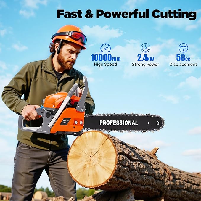 Gas Chainsaw, 2Stroke/4Stroke Gasoline Chainsaw Power Chain Saws Handheld Cordless Petrol Chainsaws For Wood Cutting Forest Felling Tree Pruning Shrub Pruning (20In 2400W 58CC)