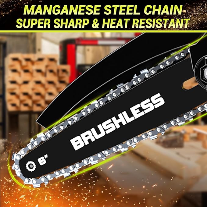 Brushless Mini Chainsaw with 1000W High Power Motor, 36 FT/S 6Inch Cordless Power Chainsaw with Auto-Oil System, 2025 Upgraded 20V Electric Chain Saw with 2x2000mAh Battery & Quick Charger, 3 Chains