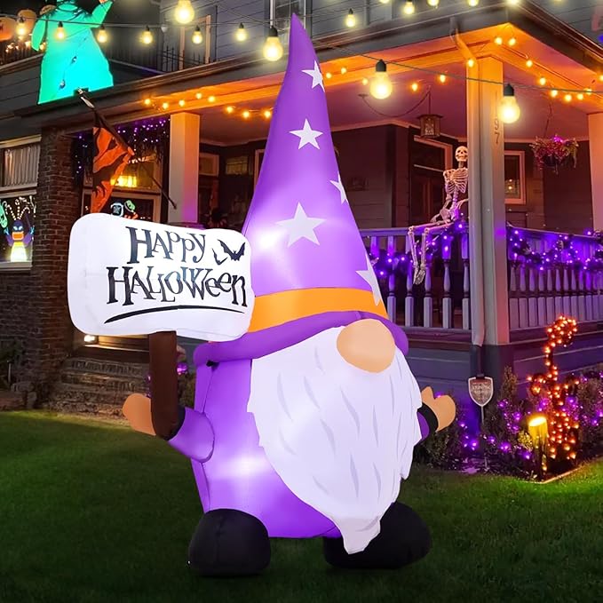 GOOSH 6 FT Halloween Gnome Inflatables Outdoor Decorations, Halloween Gnome Blow Up Yard Decorations Built-in LED Lights for Holiday Outdoor Lawn Garden Party