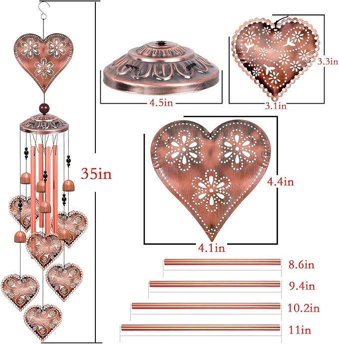 Heart Shape Wind Chimes for Garden, Gifts for Mom, Home, Balconies, Rooms, Patio, Indoor, Outdoor Heart Decoration, Hearts Shape Wind Catcher, Red Copper Memorial Wind Bells, Hearts Wind Chimes Decor