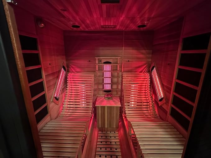 Far Infrared Wooden Sauna Room, Luxurious Canadian Red Cedar Sauna with 2 Oversize Recliners, 220V, 3400 W, 9 Heating Element, Bluetooth Speakers, 7 Color Light, Oxygen Bar, Low EMF