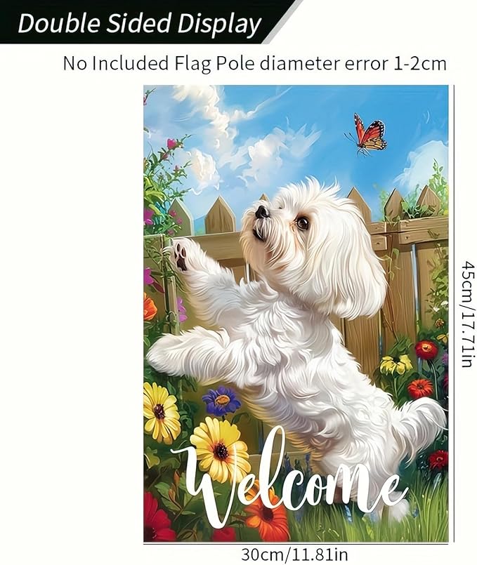 BlissYard Welcome Spring Summer Flowers Maltese Dog Garden Flag Lovely Floral Seasonal Home Decor Banner 12x18 Double Sided Funny Dog Garden Flag Farmhouse Outdoor Yard Decoration Flag