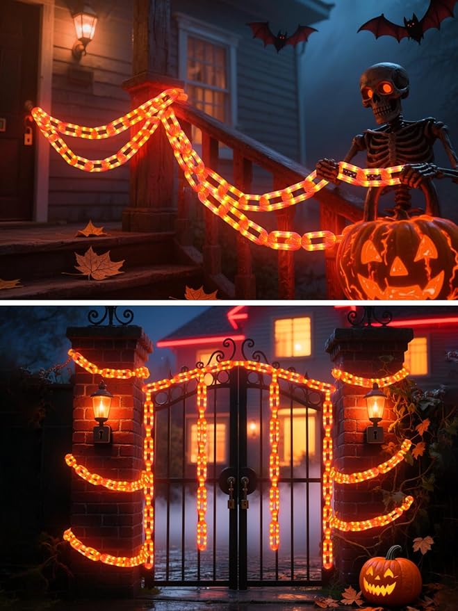 Halloween Chain Lights – 10 Ft 160 LED Orange Plastic Chains, Battery Operated Halloween Decorations with 8 Lighting Modes & Timer, Spooky Haunted House & Party Decor