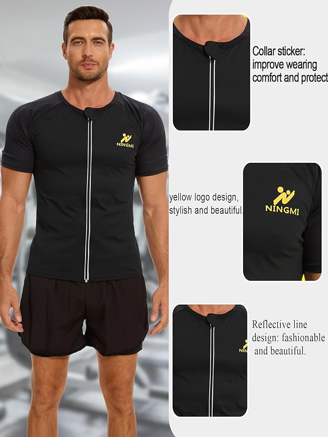 NINGMI Sauna Suit for Men Hot Sweat Suit Sauna Shirt Sweat Body Shaper Workout Neoprene Suit Zipper Short Sleeve