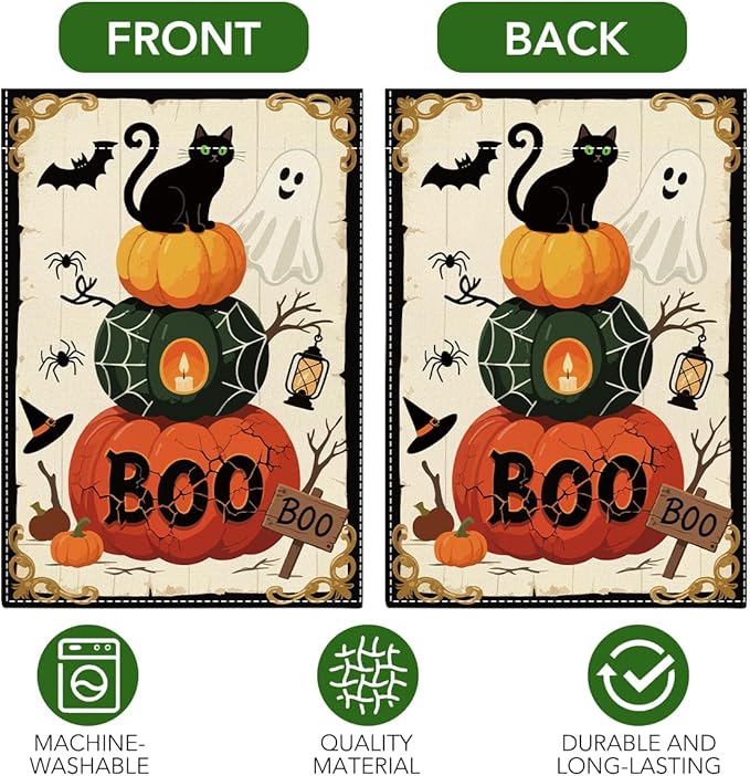 Halloween Boo Garden Flag Scary Ghost Bat Fall Halloween Themed Holiday Party Outside Outdoor Lawn Decorations Yard Flag Double Sided 12x18 Inch