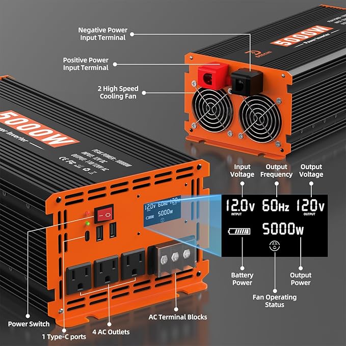 5000W Power Inverter 12V DC to 110V/120V AC Converter for RV/Truck/Boat/Camping/Off-Grid Solar Car Power Inverter Peak Power 10000W with 3 AC Outlets,USB & Type-C Port, Remote Controller & LCD Screen