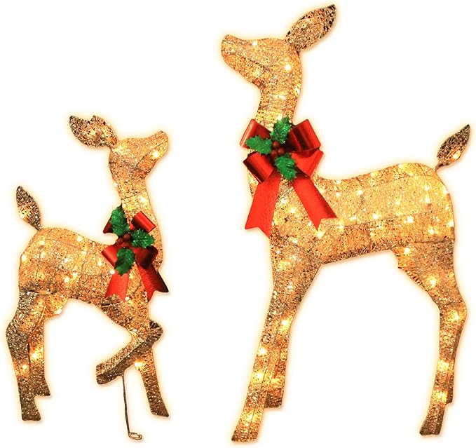 38in Christmas Deer Set Decoration for Outdoor Yard 2pc Deers, Lighted up Reindeer Outdoor Decor Champagne Gold Christmas Doe Fawn with Bow, for Christmas Tree Porch Holiday Display