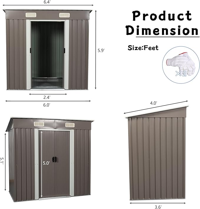 6X4 FT Outdoor Storage Shed, Waterproof Metal Garden Sheds with Lockable Door, Steel Tool Storage Buildings Shed & Outdoor Storage House for Garden, Backyard, Patio, Lawn, Trash Cans(Brown)