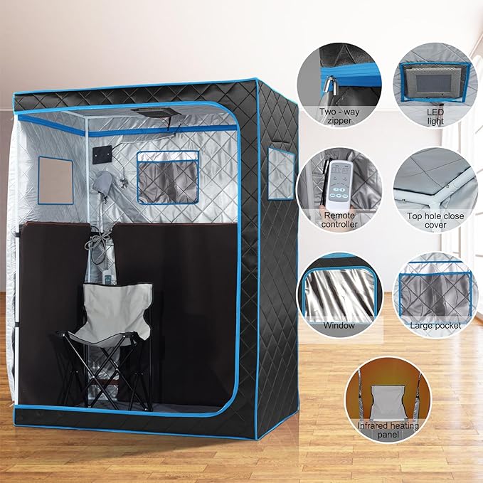 Portable Infrared Sauna for Home, 2 Person Sauna Tent for Relaxation & Detox, Dry Heated Personal Indoor Sauna with Remote Control, 2 Foldable Chairs, Full Body Spa for Gym/Pilates/Garage