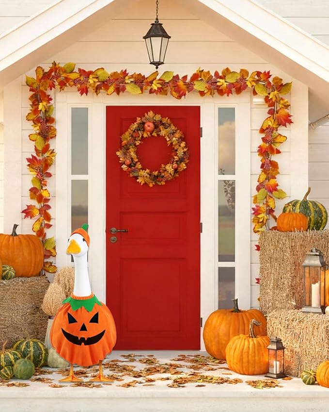 Helloween Porch Goose Outfits, 2 Pcs/Set Pumpkin Lawn Cement Goose Clothes, 23" Patio Yard Garden Geese Costume Decoration