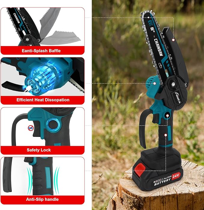 6-Inch Mini Chainsaw, Cordless Handheld Electric Chainsaw with 2x 24V 4000mAh Batteries & 2 Chains, Lightweight & Portable, for Tree Trimming, Wood Cutting, Gardening, Outdoor & Household Use (Blue)