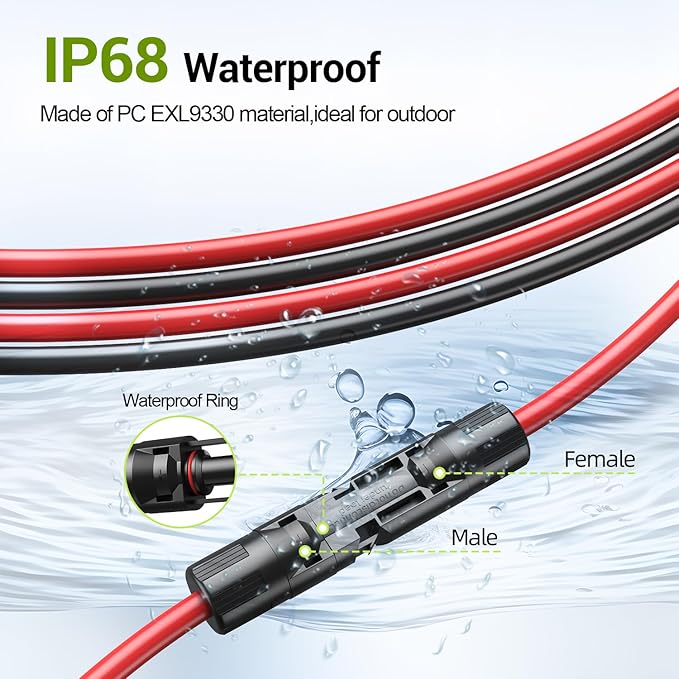 30FT 10AWG Solar Extension Cable, 10 Gauge Solar Panel Wire with Female and Male Connectors for Outdoor RV, Off-Grid Photovoltaic Systems (Black+Red)