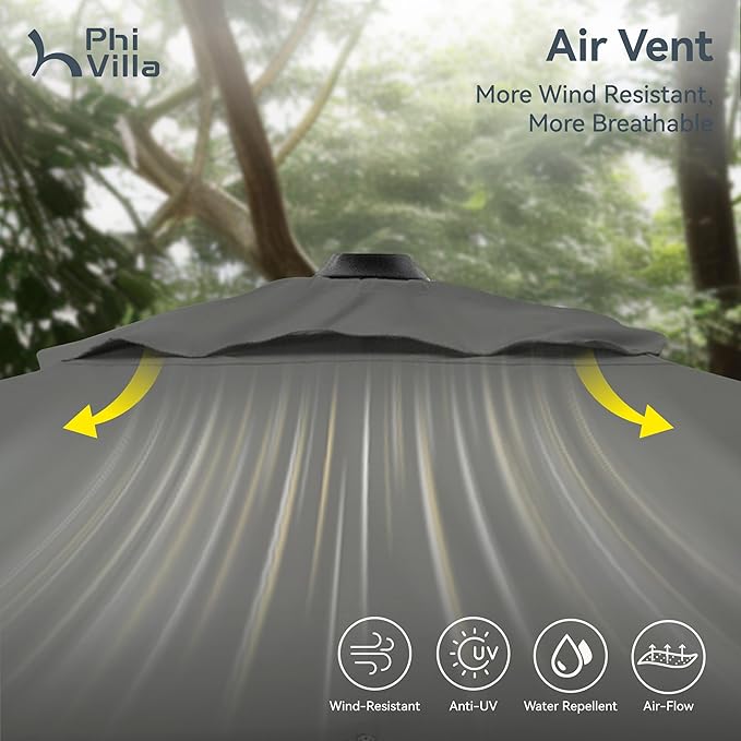 PHI VILLA 9'x12' Outdoor Patio Deck Umbrella with Base. 360° Rotation & 6-Level Tilt with Easy Crank Handle. Rectangle Offset Cantilever Umbrella Heavy Duty for Garden Poolside Backyard (Grey)