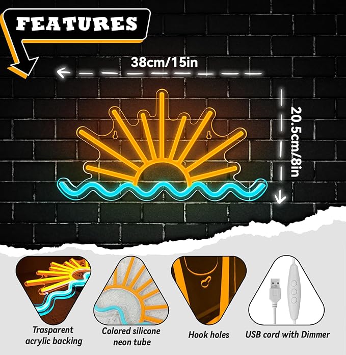 Sunrise Sunset Neon Sign Sun Wave Neon Signs for Bedroom, Beach Bar, Party, Man Cave, Living Room Wall Decor USB Powered Led Neon Light Sign with Dimmer Switch