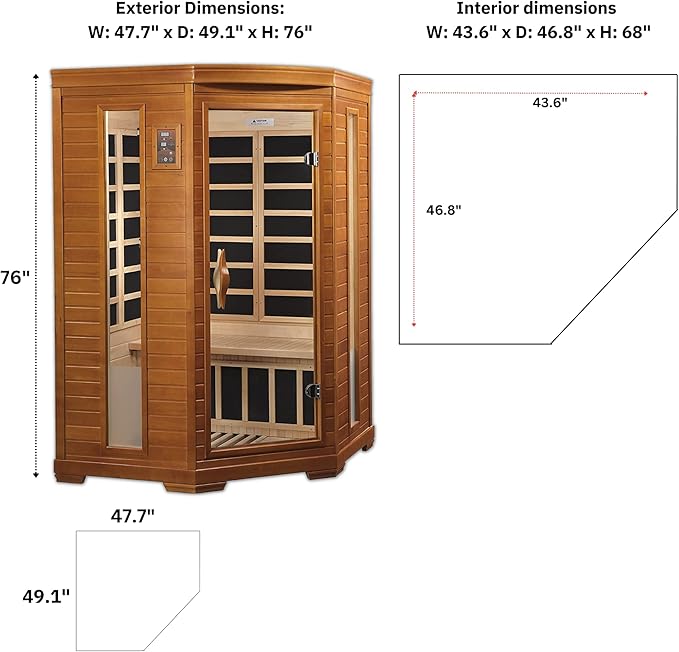 Dynamic Hemming 2 Person Infrared Corner Sauna for Home, Low EMF Indoor Saunas Full Size Indoor Personal Spa 49" x 48" x 76"