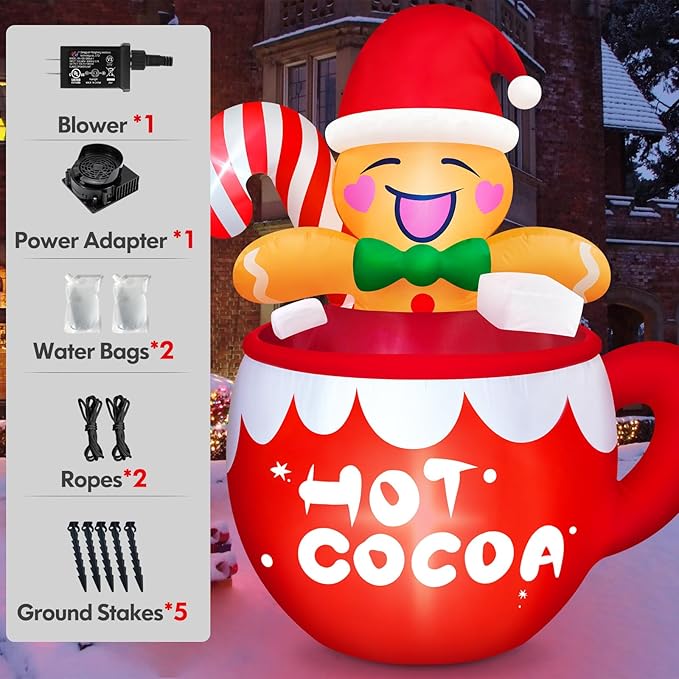Danxilu 6FT Christmas Inflatable Outdoor Decorations, Cute Blow Up Hot Cocoa Gingerbread Man with Candy Canes Built-in LED Xmas Inflatable Yard Decorations for Outside Indoor Garden Lawn Holiday Party